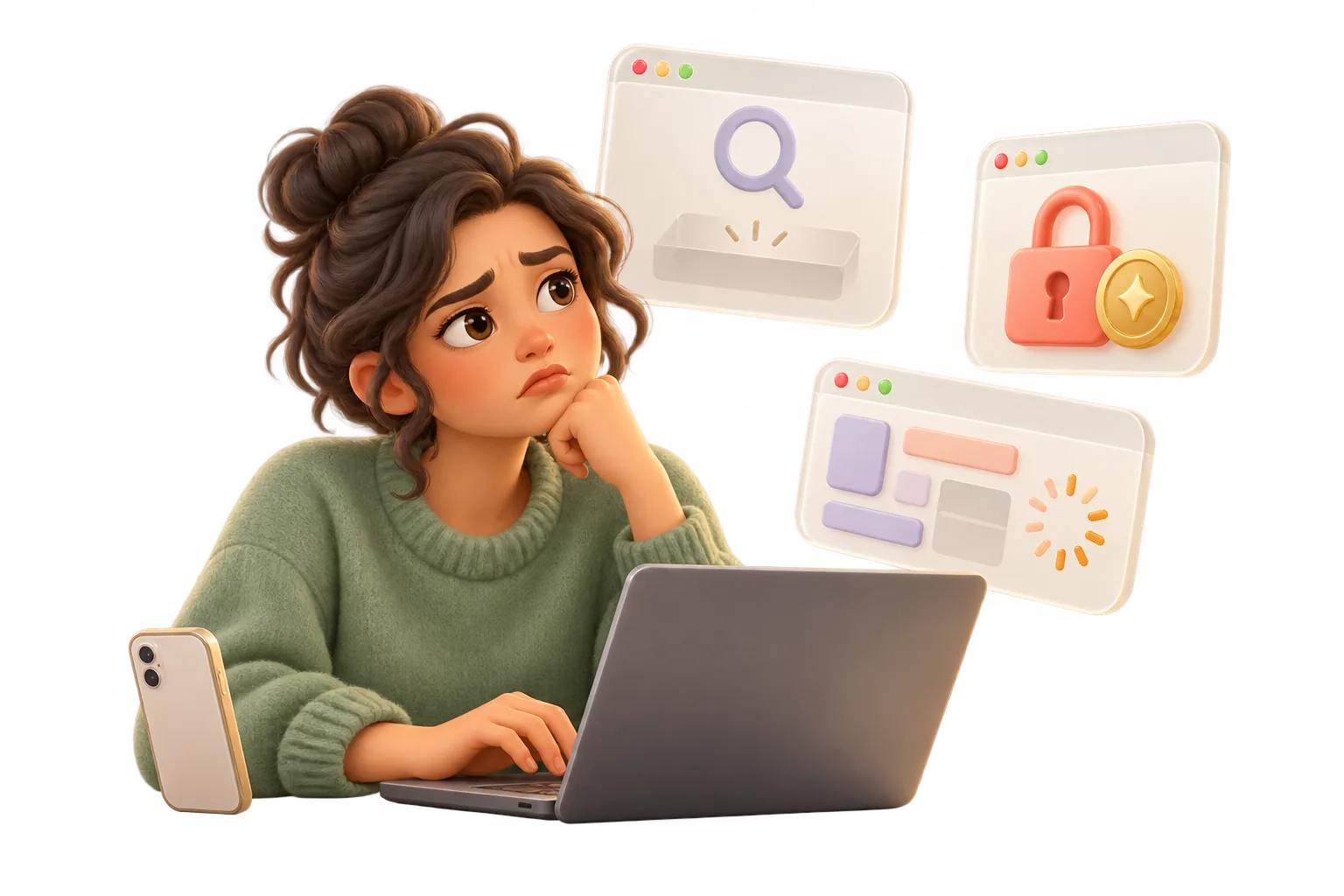 Conceptual person searching on a laptop, with empty results, paid-access and loading symbols