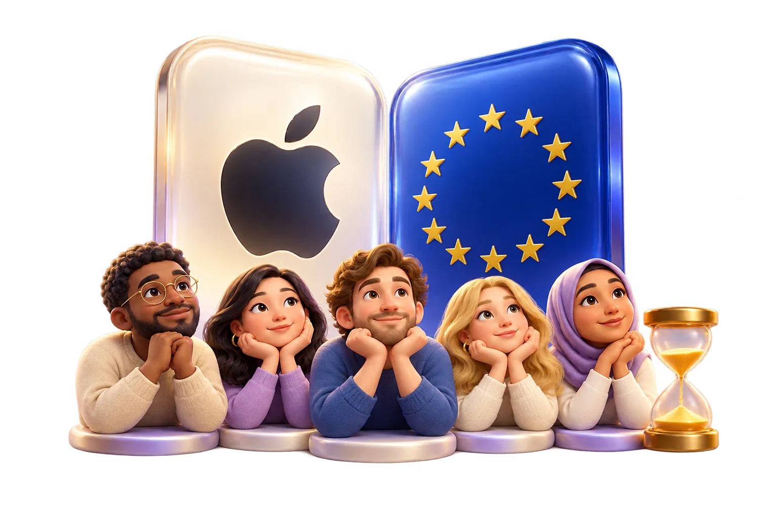 Conceptual Apple and EU glass tiles with a diverse group of people waiting beside an hourglass
