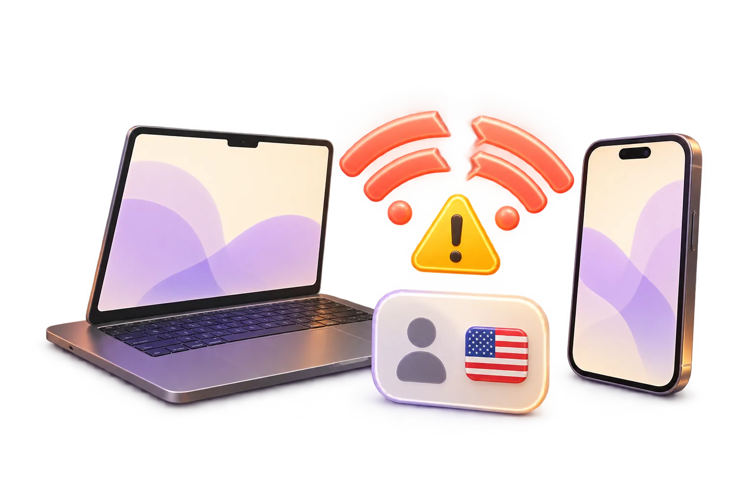 Conceptual Mac and iPhone with a broken wireless link, US account badge and region warning