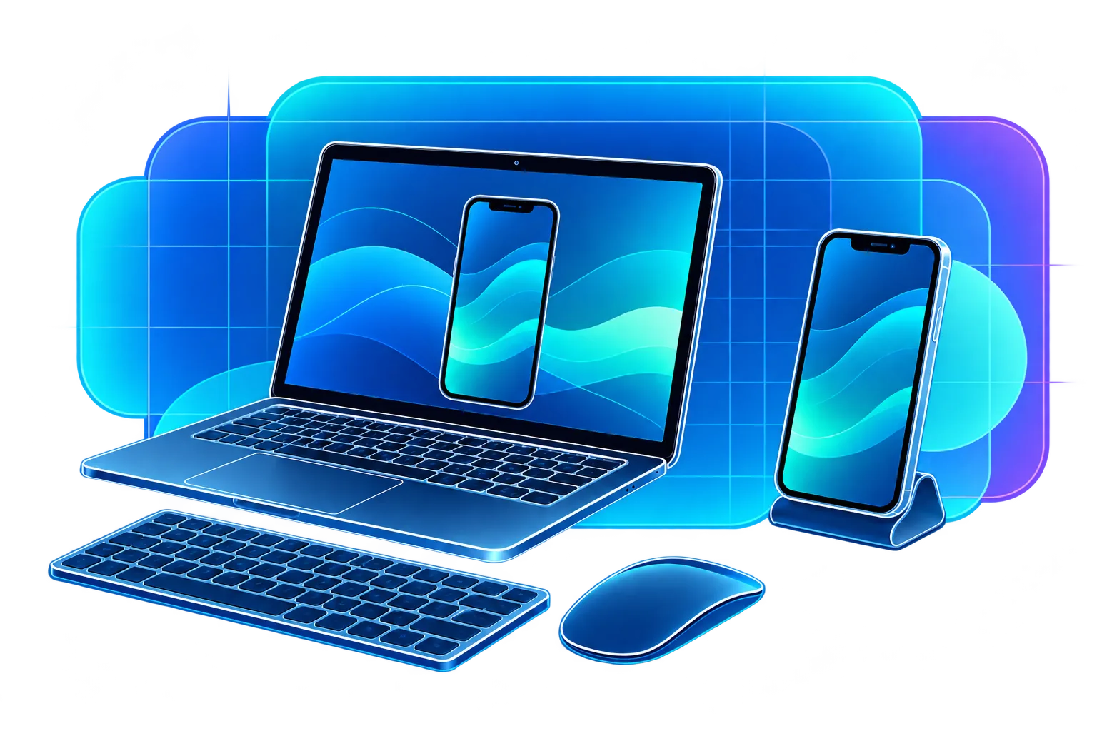 Glint concept illustration: frameless iPhone mirroring on a laptop, beside an iPhone, keyboard and mouse